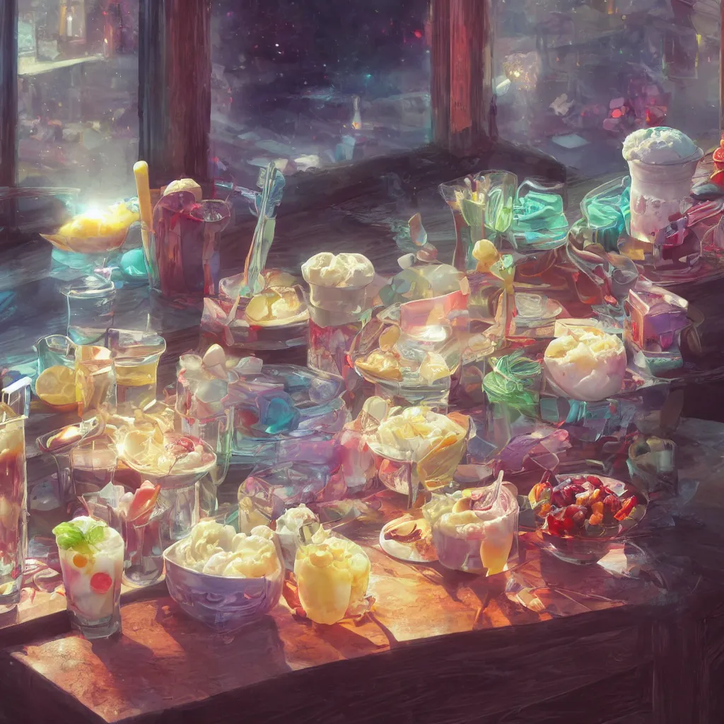 Prompt: a still life painting of cold drinks, ice cream, cherry embellishment, in the style of makoto shinkai, dreamy, soft, global illumination, radiant light, intricate environment, luminescence, highly detailed, 8 k