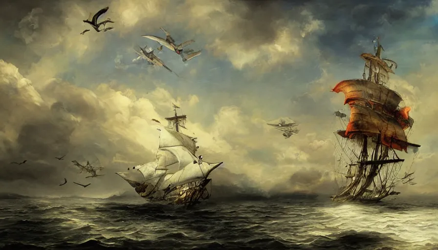 Image similar to a large pirate airship flying among the clouds, soaring through the sky, realist painting, pirate, beautiful, highly detailed, trending on art station