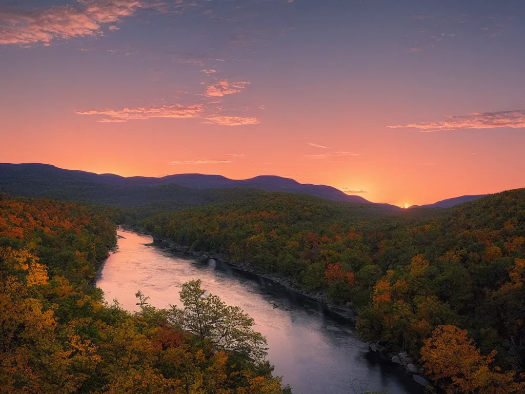 Prompt: “a river bend running through a canyon surrounded by mountains at sunset, a tilt shift photo by Frederic Church, by ansel adams, trending on unsplash, hudson river school, photo taken with provia, national geographic photo, tilt shift”