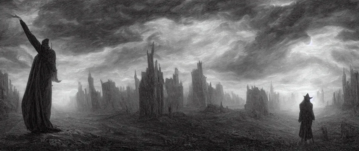 Image similar to an engraving portrait of nyarlathotep, lovecraftian atmosphere, caspar david friedrich, foggy, depth, strong shadows, stormclouds, illuminated focal point, highly detailed