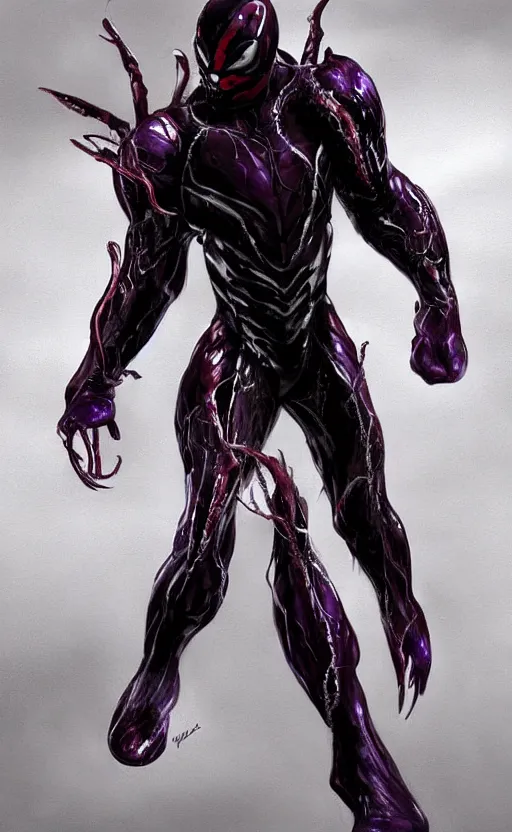 Image similar to venom in a venom inspired ironman suit, purple, black and red, dynamic lighting, photorealistic fantasy concept art, trending on art station, stunning visuals, terrifying, creative, cinematic