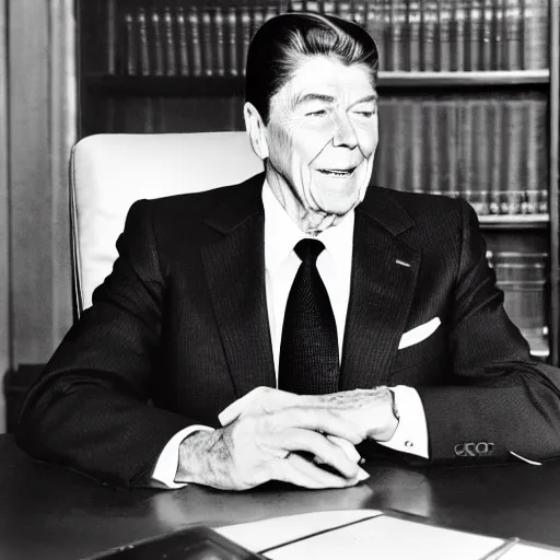 Prompt: president ronald reagan uses a laptop