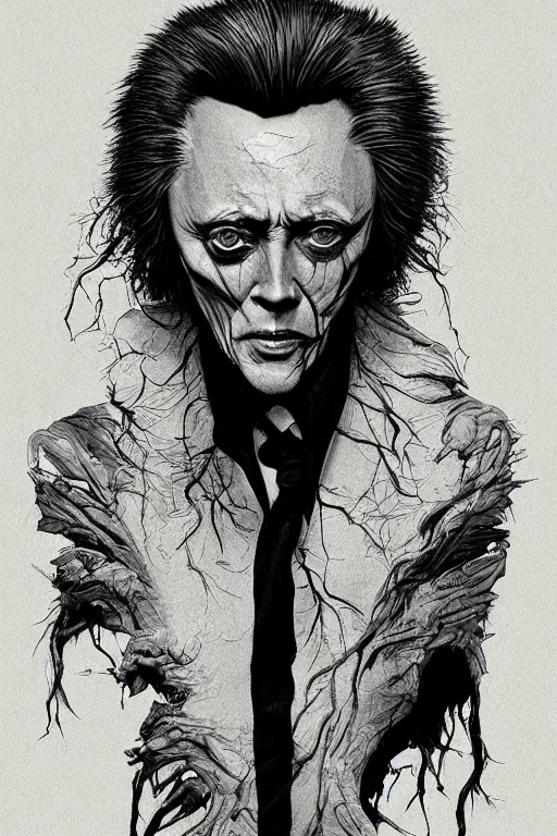 Image similar to christopher walken in sleepy hollow, full body, big two toned eyes, teeth gritted, horror, intricate details, cinematic, epic, realistic, anatomy, tomer hanuka, uplight, artstation, photorealistic, scary