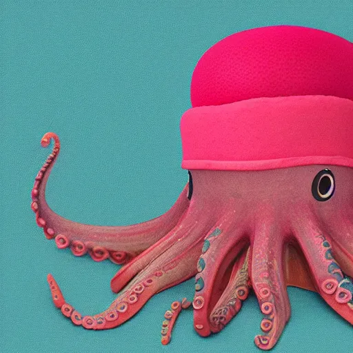 Image similar to sad octopus wearing a pink hat by alex heywood in 4 k ultra high resolution