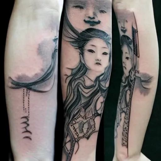 Image similar to beautiful thin wan korean angelic goddess in the style of fernand khnopff and hayao miyazaki, tattoo on arm, detailed beautiful tattoo