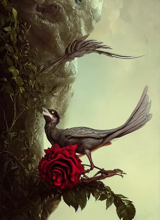 Image similar to the bird has grown its arms and is holding a rose, hyperrealism, no blur, 4 k resolution, ultra detailed, style of tyler edlin, tom bagshaw, arthur rackham, ivan shishkin