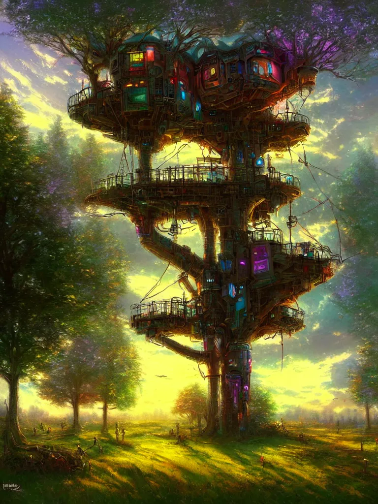 Prompt: a cyberpunk treehouse in a field by thomas kinkade, fantasy, artstation, illustration