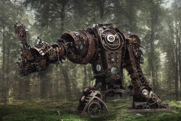 Image similar to steampunk colossal mech fortress travels across a swedish forest very low angle photograph trending on artstation