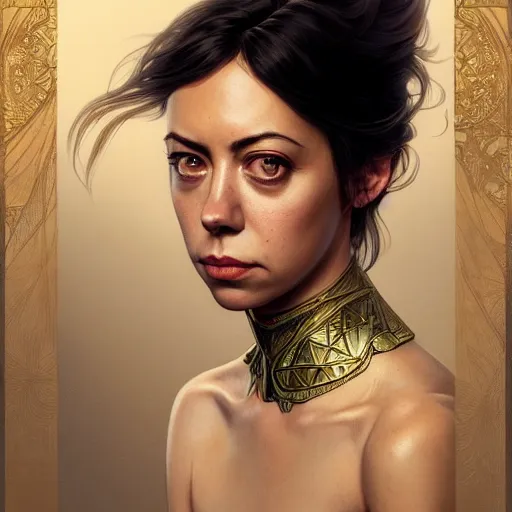 Image similar to portrait of aubrey plaza, soft hair, d & d, fantasy, intricate, elegant, highly detailed, digital painting, artstation, concept art, smooth, sharp focus, illustration, art by artgerm and greg rutkowski and alphonse mucha