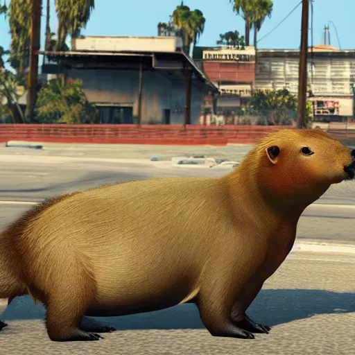 Prompt: Capybara in GTA V, cover art by Stephen Bliss, artstation, no text