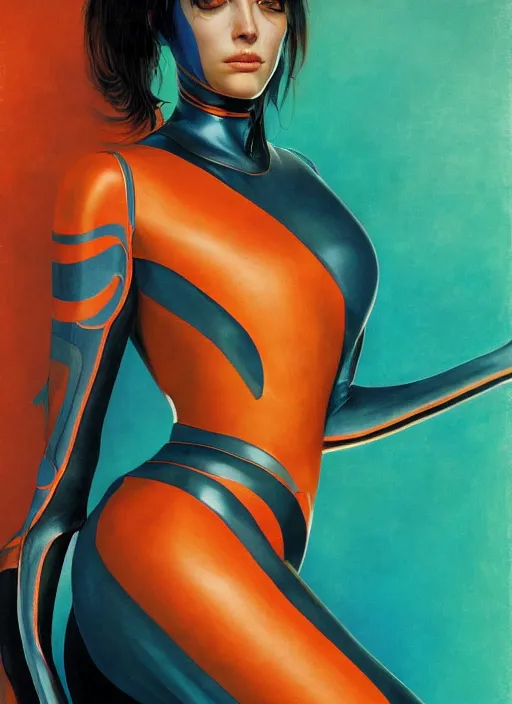 Prompt: symmetry! dynamic pose, closeup portrait of a cyborg racer girl, skintight leather striped racing jumpsuit, cinematic light, backlight, teal orange, by gerald brom, by mikhail vrubel, by peter elson, muted colors, extreme detail, trending on artstation, 8 k