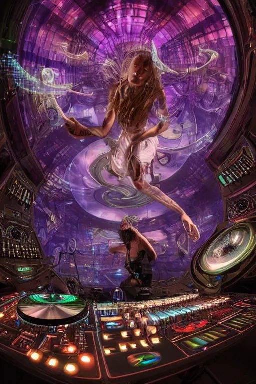 Prompt: a fisheye lens photo of a futuristic tribal dj tweaking and playing synthesizers in the most complicated and technical spiral fractal musical studio, powerful, cinematic, beautifully lit, by donato giancola, by artgerm, by karol bak, 3 d, perfect face and body, trending on artstation, octane render, 8 k