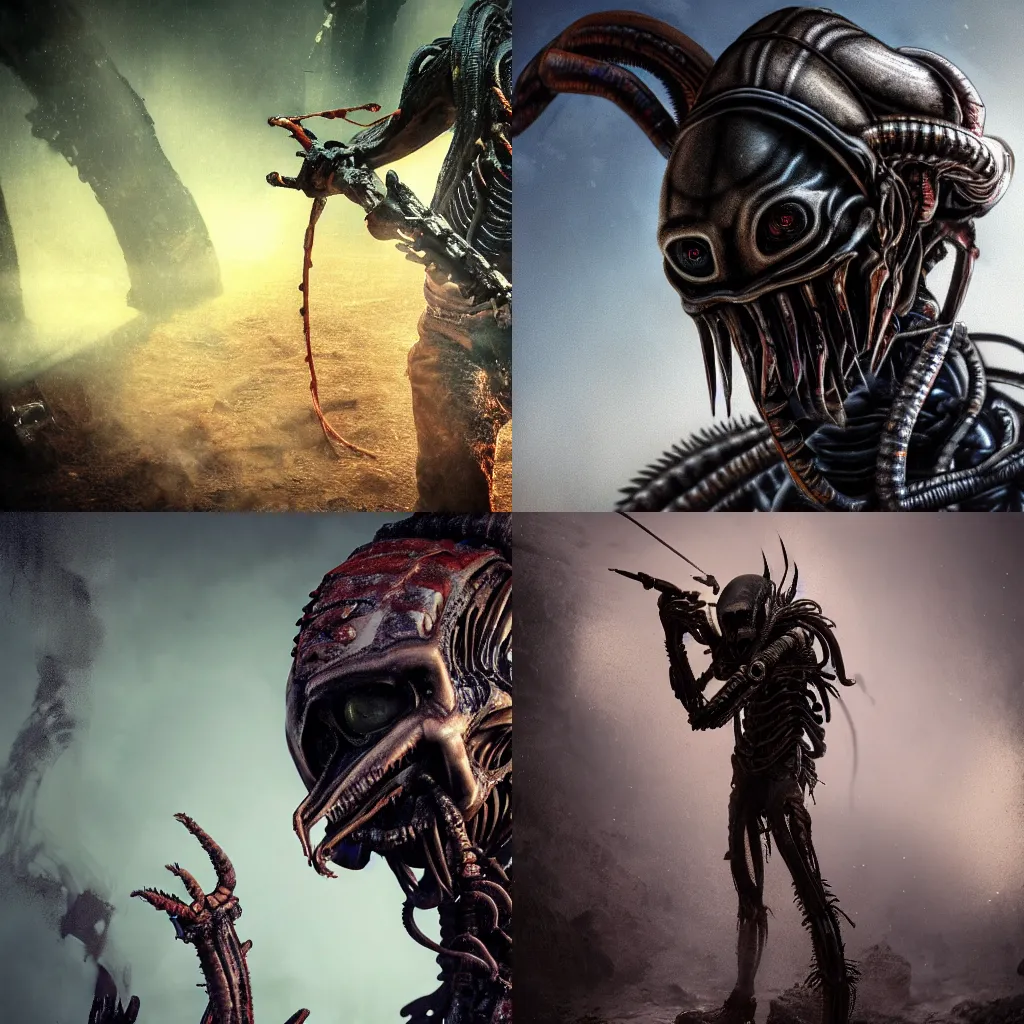 Prompt: Alien predator native style, painting in face and body, scifi technology, rusty weapons, laser, skars, moody, smoke, ice, black background, full body shot, movie shot, ultra detailed, photo-real, octane render, reflections, highly realistic, detailed, 8k, reflected neon glow, story art, story telling, cover art, Gustave dore, unreal engine