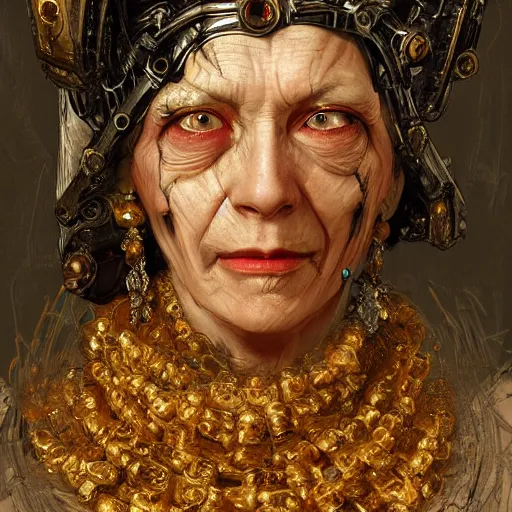 Image similar to portrait, headshot, digital painting, of a old 17th century, old cyborg female merchant, amber jewels, baroque, ornate clothing, scifi, realistic, hyperdetailed, chiaroscuro, concept art, art by Franz Hals and Jon Foster