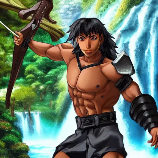 Image similar to a skinny tan 1 0 year old half - asian boy with dark anime hair riding a hippo wearing armor down a waterfall with a large sword in one hand and a shield in the other hand, photorealistic, skinny face, strong muscle tone