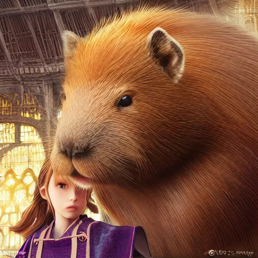 Image similar to character portrait of the capybara princess with gorgeous detailed eyes in the marketplace in the sky, color page, tankoban, 4 k, tone mapping, doll, akihiko yoshida, james jean andrei riabovitchev marc simonetti, yoshitaka amano, long hair, curly, greater capybara, giant cavy rodent, h. hydrochaeris