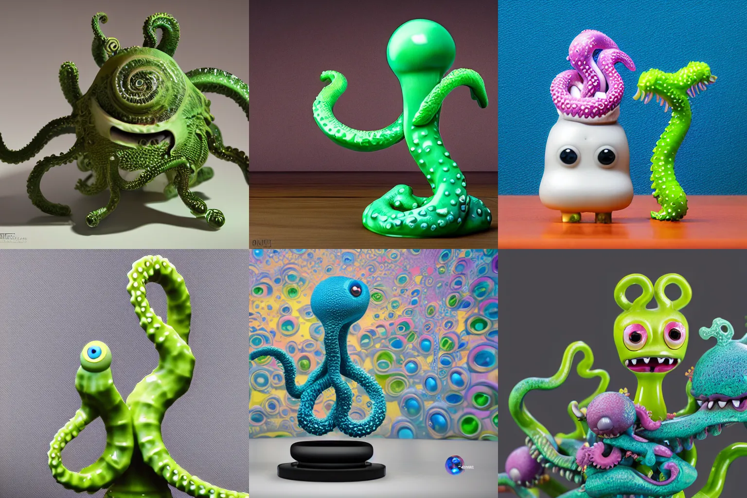 Prompt: ebay product, cute miniature resine figure, High detail photography, 8K, 3d fractals, pictoplasma, one simple ceramic toy tentacle monster Figure sculpture, surrounded by splashes, 3d primitives, in a Studio hollow, by pixar, by jonathan ive,, simulation