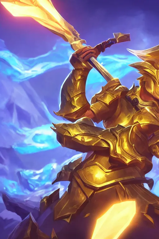 Image similar to a magical golden weapon, d & d, league of legends, concept art, blue background, dramatic lighting. realistic, epic legends, game icon, global illumination, ian pesty