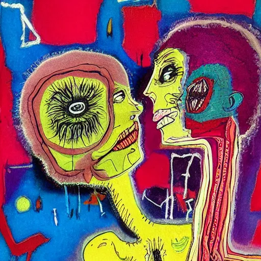 Image similar to beautiful painting of two bizarre psychedelic women kissing each other closeup on an alien planet, speculative evolution, mixed media collage by basquiat and junji ito, magazine collage art, psychedelic illustration, sapphic art, lesbian art