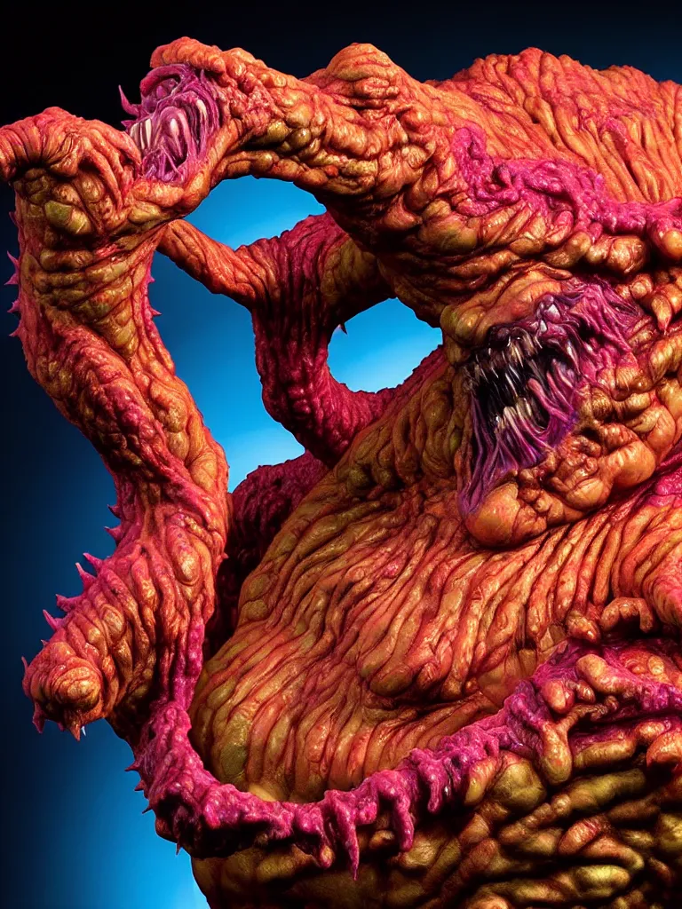 Prompt: hyperrealistic rendering, fat cronenberg flesh monster smooth kaiju by art of skinner and richard corben and jeff easley, product photography, action figure, sofubi, studio lighting, colored gels, rimlight, backlight