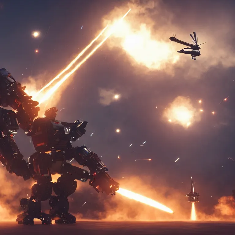 Prompt: Giant police mech fires rockets at helicopter,cinematic lighting, highly detailed, 4k octane render