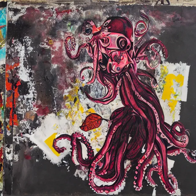 Prompt: empty room with black walls, a portrait of a female pathologist, octopus, mural, wilted flowers, squashed berries, neo - expressionism, surrealism, acrylic and spray paint and oilstick on canvas