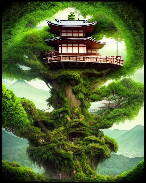 Prompt: detailed matte painting of a massive tree house in a town in japan on the cliff, overgrown vegatation, vines, moss, trees, flowers, and gardens by seerlight trending on instagram