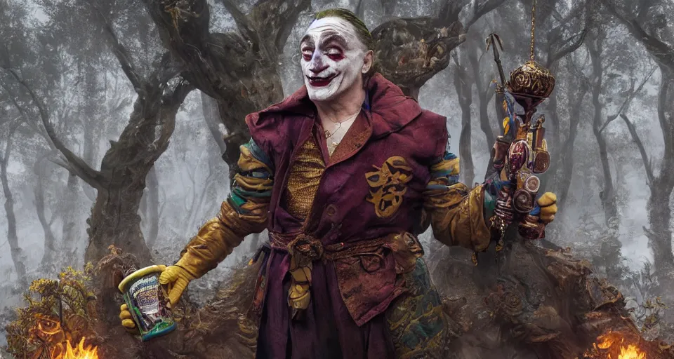 Image similar to robert de niro as medieval joker, crazy colorful clothing with a heavy golden mace in his left hand and a beer jug in his right hand, full body portrait, symmetrical face, intricate details, wandering through a forbidden forest, trending on artstation, 8k hyperrealistic, style of peter mohrbacher, octane render, unreal engine