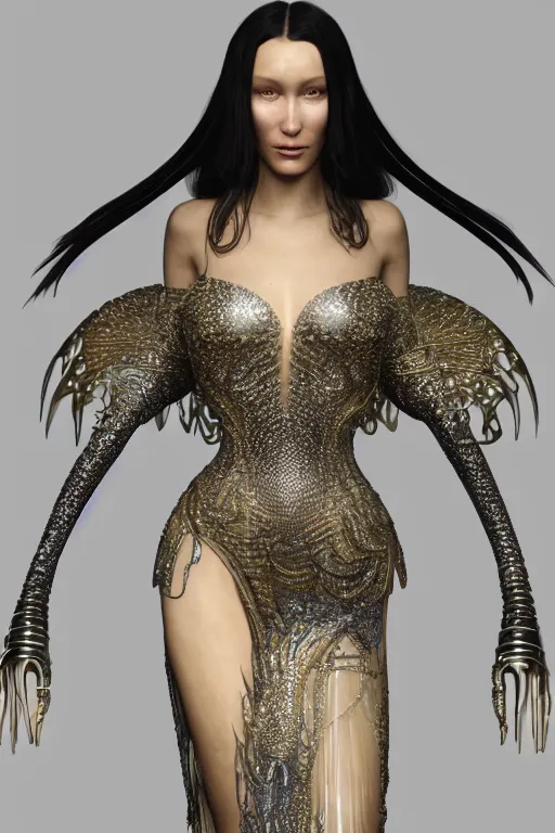 Prompt: a highly detailed portrait of a beautiful alien goddess bella hadid in iris van herpen dress in diamonds in style of alphonse mucha trending on artstation made in unreal engine 4