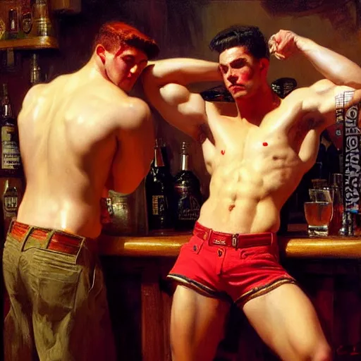 Image similar to attractive muscular male with red hair, and muscular attractive male with black hair, shorts, drinking their hearts out, in a pub. very defined and highly detailed painting by j. c. leyendecker, gaston bussiere, craig mullins 8 k
