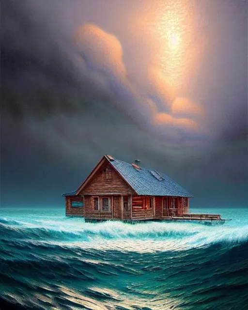 Image similar to a hyper - detailed 3 d render like an oil painting of cabin dreaming of the ocean!!!!! surreal concept art, lifelike, photorealistic, digital painting, aesthetic, smooth, sharp focus, artstation hd, by greg rutkowski, bruce pennington, valentina remenar, rhads, asher duran,