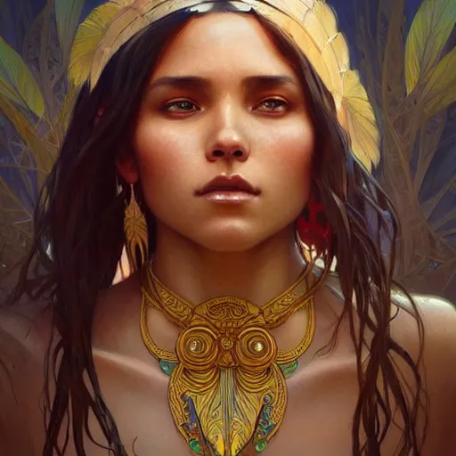 Image similar to a beautiful indigenous girl, fantasy, intricate, elegant, highly detailed, digital painting, artstation, concept art, matte, sharp focus, illustration, art by Artgerm and Greg Rutkowski and Alphonse Mucha