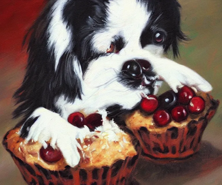 Image similar to white and black japanese chin dog eating cherry muffins, oil painting