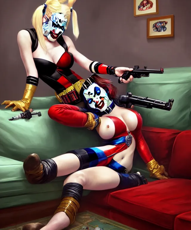 Prompt: tasteful Caricature of the beautiful Harley Quinn, playing video games on a couch, Harley Quinn is winning and laughing manically, fun, funny, highly detailed, digital painting, artstation, concept art, smooth, sharp focus, illustration, art by artgerm and greg rutkowski and alphonse mucha