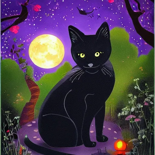 Prompt: little black cat in the fantasy forest, shining in the moonlight