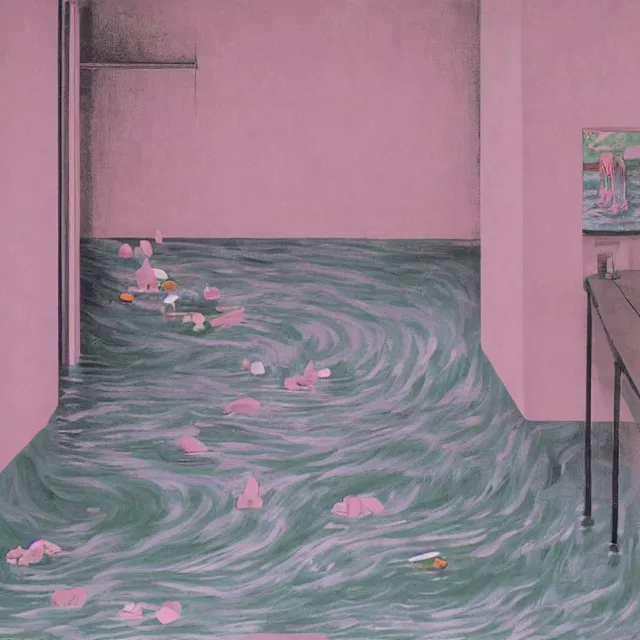 Image similar to painting of flood waters inside an apartment, pastel pink, tall female emo art student, a river flooding through a wall, tangelos, zen, pigs, ikebana, water, river, rapids, waterfall, black swans, canoe, pomegranate, berries dripping, acrylic on canvas, surrealist, by magritte and monet