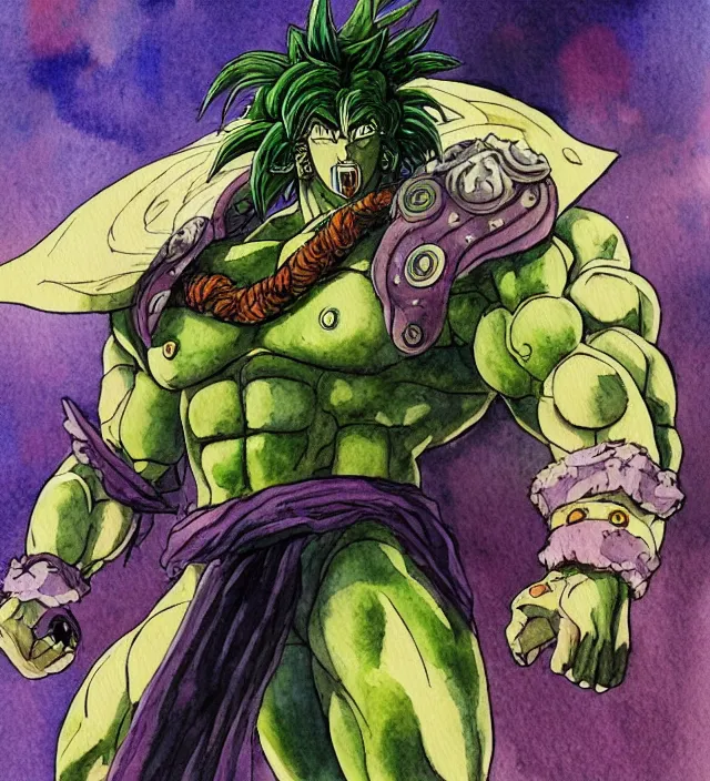 Image similar to a 3 / 4 view watercolor ink painting of broly as the god of war in the style of jean giraud in the style of moebius trending on artstation deviantart pinterest detailed realistic hd 8 k high resolution