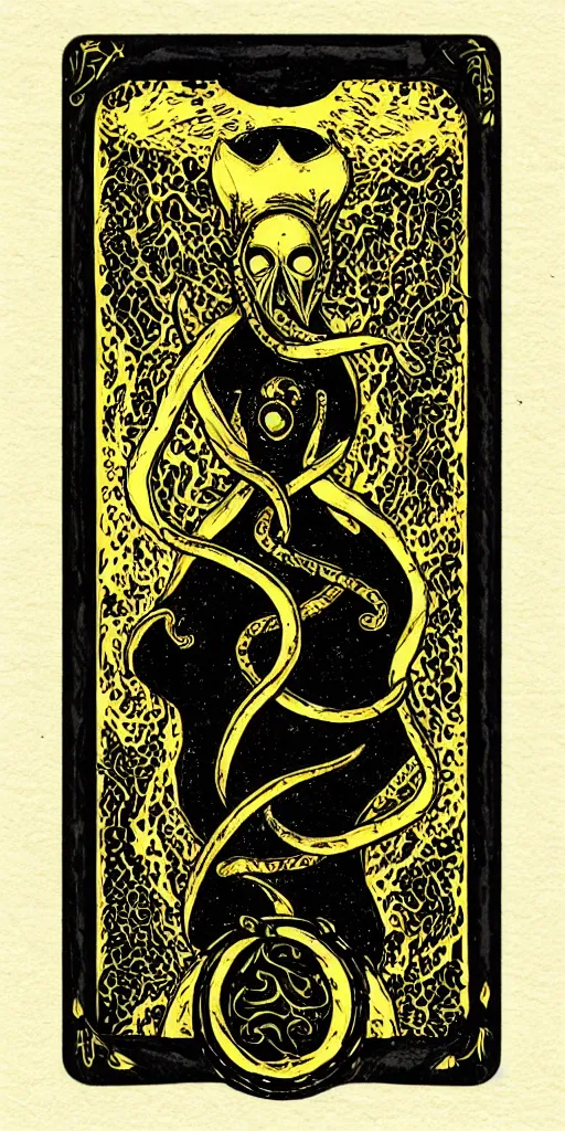 Prompt: tarot card, illithid, black background, gold border, metal