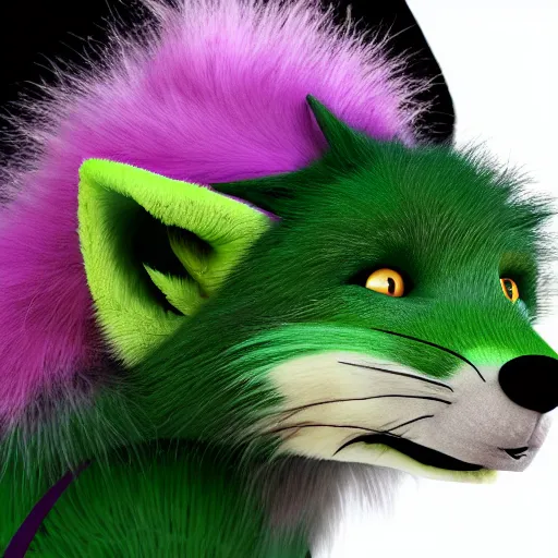 Image similar to close up of photorealistic green fox with green fur and magenta eyes, wearing a black hoodie, smoking weed