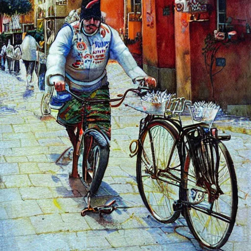 Image similar to a food delivery guy on his bicycle at the streets of Lisbon, art by Stephen Hickman