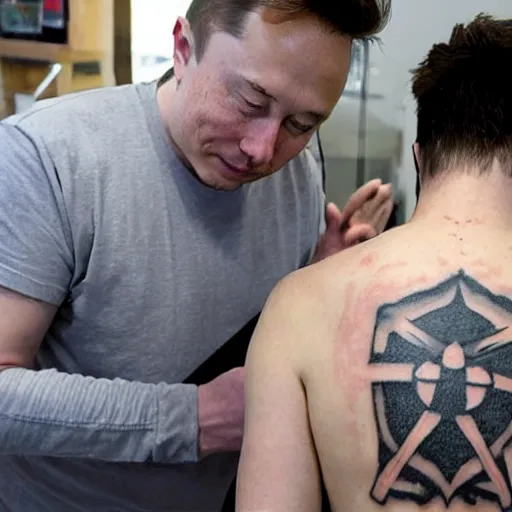 Prompt: elon musk getting a tattoo, newspaper photo, high definition