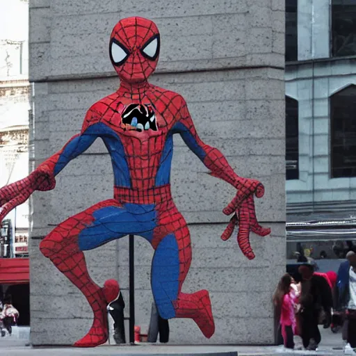 Prompt: rock sculpture of spiderman in a public square