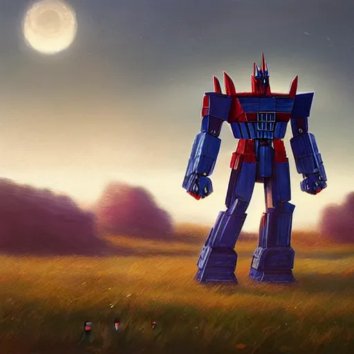 Image similar to optimus prime in a field, matte painting by greg rutkowski, artstation