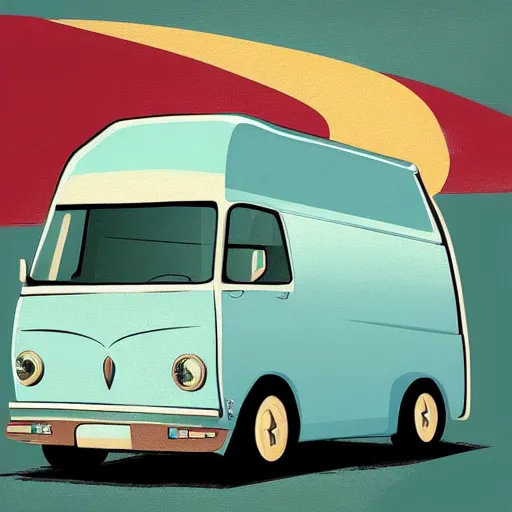 Image similar to retro painting illustration of a volswagen van, 2 d, pastel color, retro style art, trendy on artstation