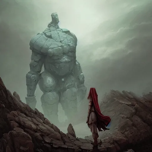 Image similar to stone humanoid colossus by grzegorz rutkowski and richard wright and peter mohrbacher and dan scott, atmospheric haze, stormy, tundra, tiny woman in cloak in foreground silhouette, large scale