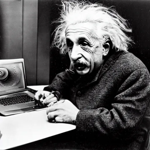 Image similar to vintage photo of einstein wearing headphones shouting at a macbook pro