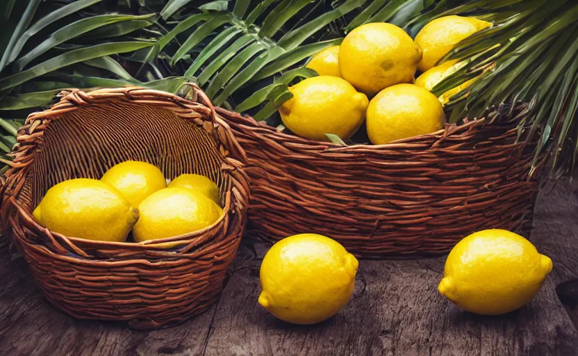 Prompt: a basket of lemons, surrounded by palm leaves, photography