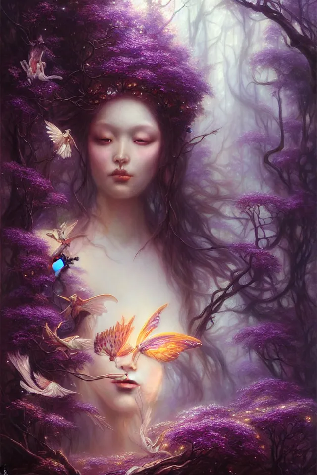 Prompt: ultra detailed photo realistic portrait painting of the empress of the enchanted purple forest, volumetric lighting, by karol bak, greg rutkowski, peter mohrbacher and miho hirano, film poster