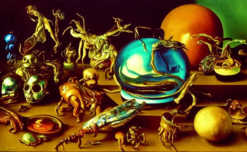 Image similar to disturbing colorful oil painting dutch golden age vanitas still life sparse composition interesting scaling with bizarre objects strange gooey transparent surfaces shiny metal reflections bizarre mutant meat insects rachel ruysch dali todd schorr very detailed perfect composition rule of thirds masterpiece canon 5 0 mm, cinematic lighting, photography, retro, film, kodachrome