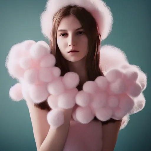 Image similar to portrait of a cute girl with soft pink and white cotton fluffy balls floating in image, fashion photography, highly detailed, digital photography by jheronimus bosch and james jean and james rutkowski